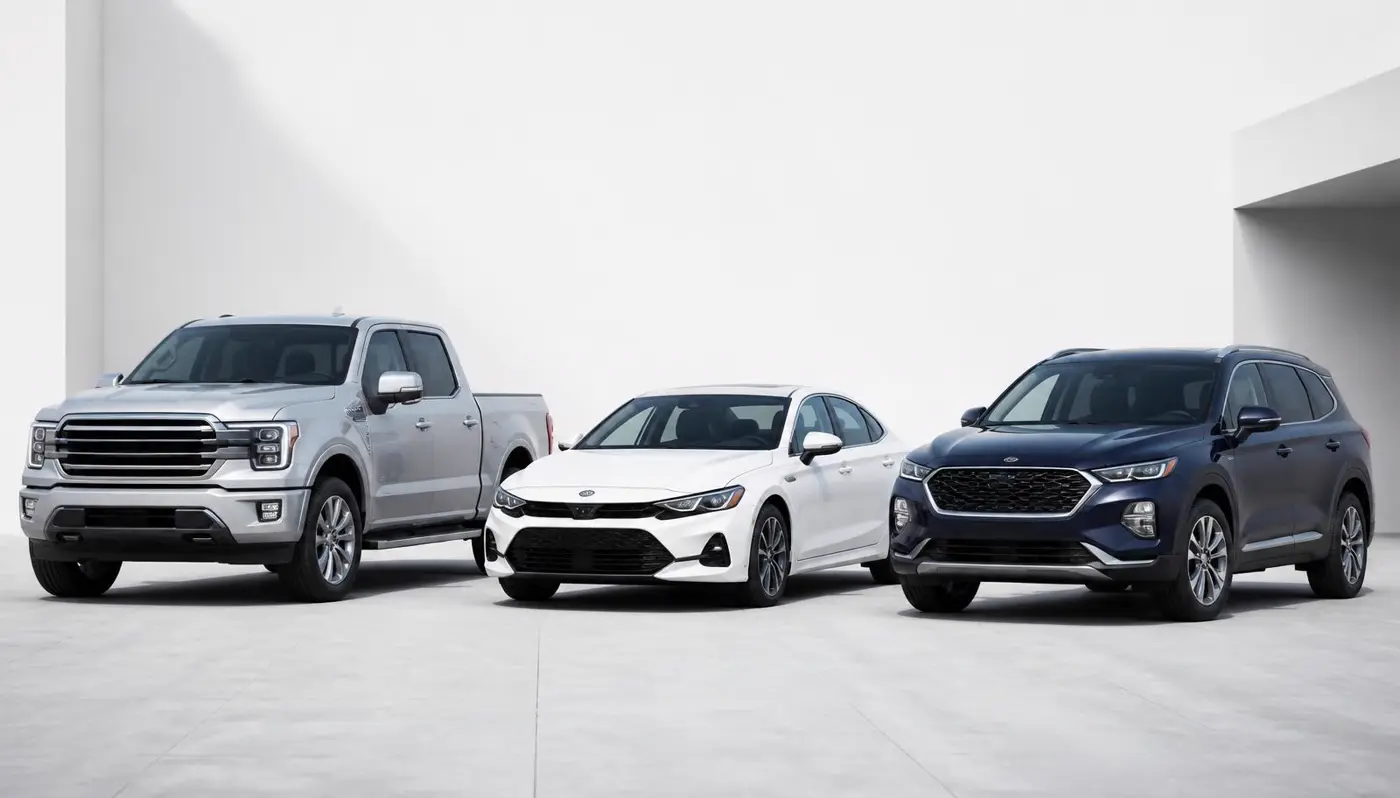 A pickup truck, sedan, and SUV ready to be listed for sale on VendacarUSA