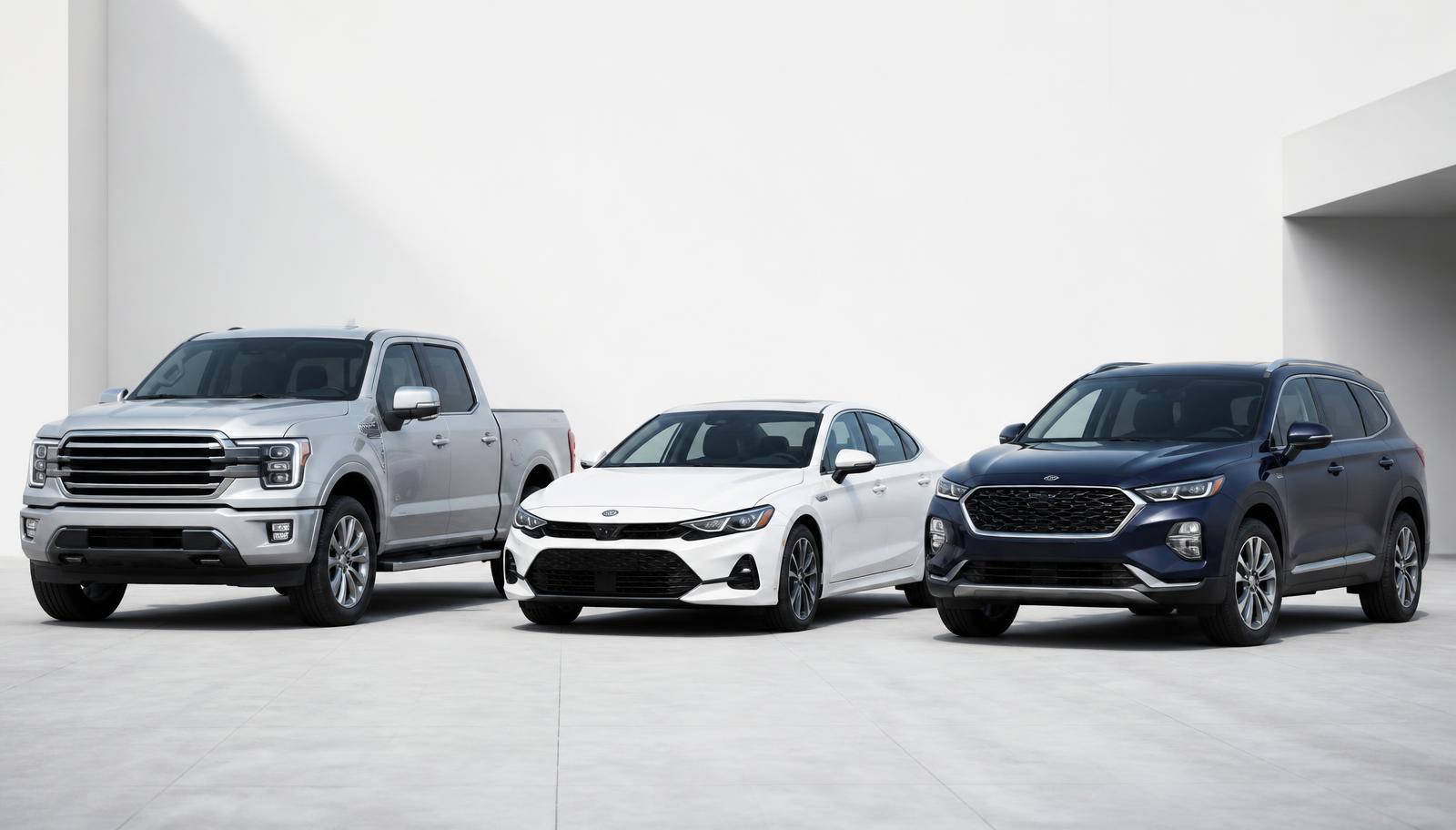 A pickup truck, sedan, and SUV ready to be listed for sale on VendacarUSA
